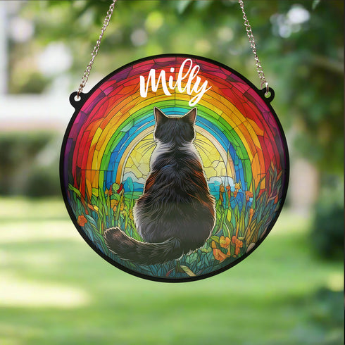 Black & White Cat Rainbow Bridge Personalised Stained Glass Effect Suncatcher